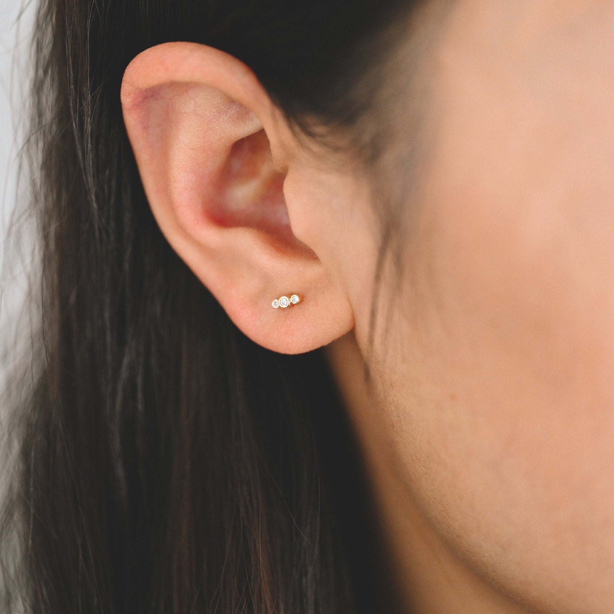 10pcs CZ Pave Dainty Trinity Earrings 5x2mm, Real Gold/ Rhodium Plated Brass Minimalist Stud Earrings (#GB-4021-D)